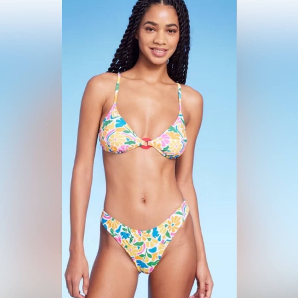 Set-Pink orange yellow blue Floral ring Bikini Top + low rise high leg bottom